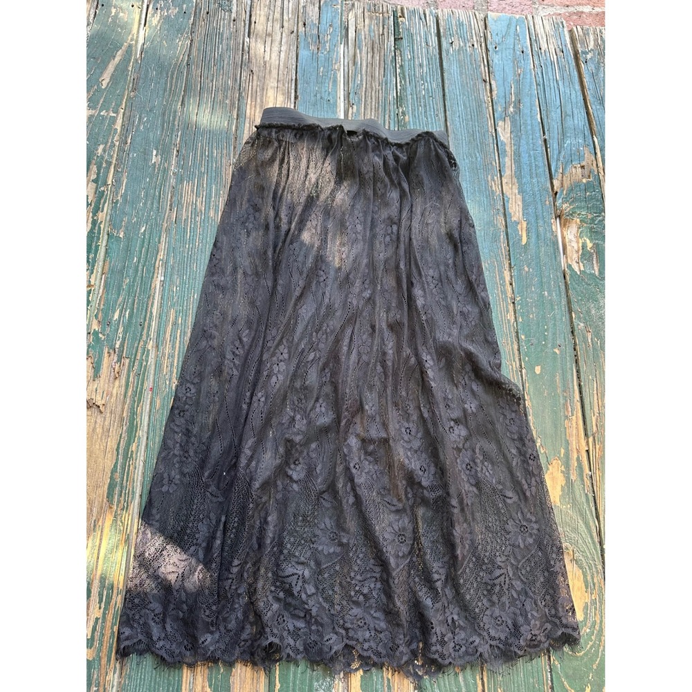Black Floral Lace Midi Skirt Elastic Waist Eyelash Hem Sheer Gothic A4159